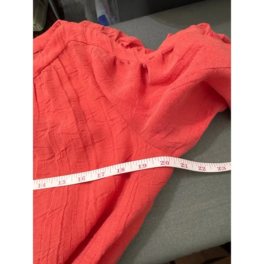 DUE PER DUE Coral Textured Puff-Sleeve Blouse with Waist Tie - Picture 8 of 8
